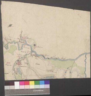 Bobreck (Neu-Ostpreußen); [ohne Titel]; ohne Verfasser; ohne Maßstab; 39,5 x 34 cm; Kartenrand: Oswiencien-Monowitz; Zabrzeg-Brzezinka; Papier; Federzeichnung mit Schraffen; Gewässer und Talauen in Wasserfarben; Siedlungen im Grundriß.