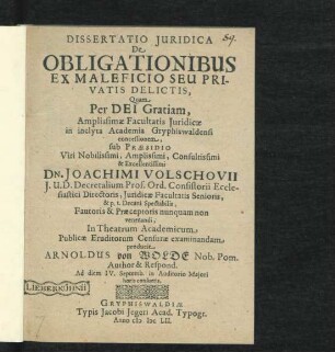 Dissertatio Iuridica De Obligationibus Ex Maleficio Seu Privatis Delictis