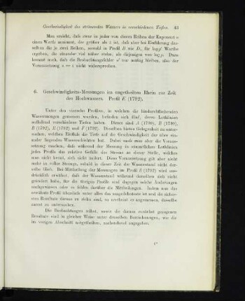 6. Geschwindigkeits-Messungen im ungetheilten Rhein zur Zeit des Hochwassers. Profil E (1792).