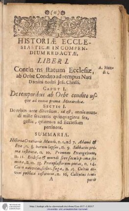 HISTORIAE ECCLESIASTICAE IN COMPNDIUM REDACTAE, LIBER I.