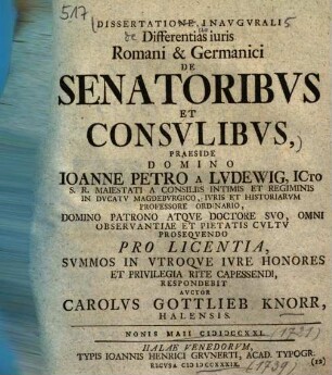 Dissertatione Inavgvrali Differentias iuris Romani & Germanici De Senatoribvs Et Consvlibvs