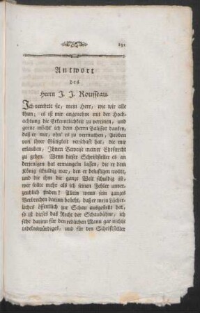 Antwort des Herrn J. J. Rousseau