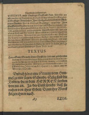 Textus. [...] beschrieben in der Offenbahrung Johannis am XIV. Capitel/ v. 13. lauten auch die Worte wie folget also: