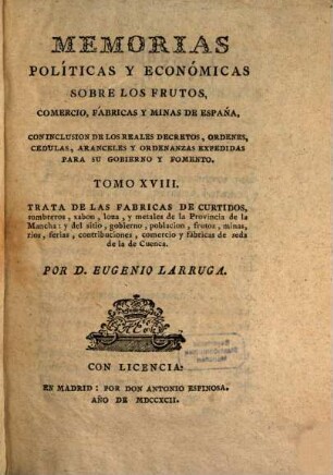 Memorias Políticas Y Económicas Sobre Los Frutos, Comercio, Fabricas Y Minas De España : Con Inclusion De Los Reales Decretos, Órdenes, Cédulas ..., 18. Trata De Las Fabricas De Curtidos, sombreros, xabon ... de la Provincia de la Mancha ...