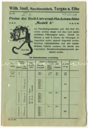 Preisliste über Universal-Hackmaschinen Modell A