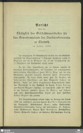 Bericht über die Thätigkeit des Geschäftsausschusses für das Gewerbemuseum zu Chemnitz im Jahre 1896