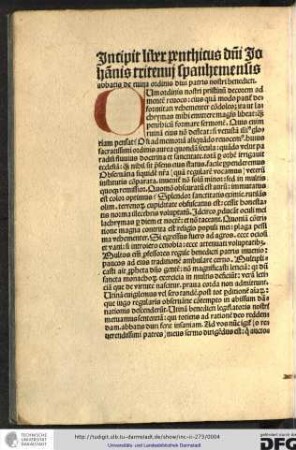 Incipit liber penthicus domini Johannis Tritemii Spanhemensis abbatis de ruina ordinis divi patris nostri Benedicti.