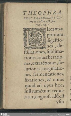 Theoprastus Paracelsus Libro de tinctura Physicorum, cap. 1