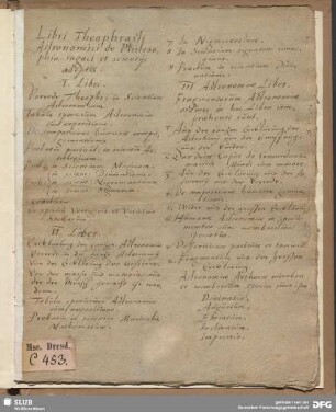 [Text: Verzeichnis astrologischer und medizinischer Texte und ihrer Inhalte, teils mit Zuschreibung an Paracelsus (ca. 1493-1541).]