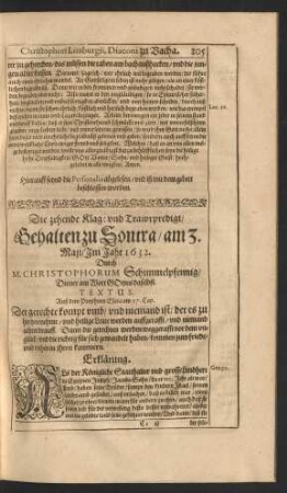 Die zehende Klag: und Trawrpredigt/ Gehalten zu Sontra/ am 3. Maji/ Im Jahr 1632. Durch M. Christophourm Schimmelpfennig [...]