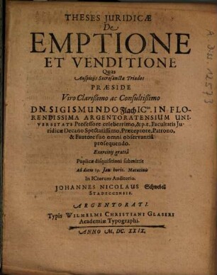 Theses Iuridicae De Emptione Et Venditione