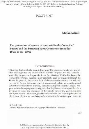 The promotion of women in sport within the Council of Europe and the European Sport Conference from the 1960s to the 1990s