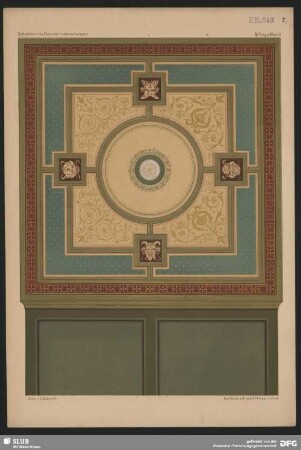Schablonirte Decorationsmalereien. Wandgestaltung mit 4 Köpfen, einer Rosette und floraler Ornamentik