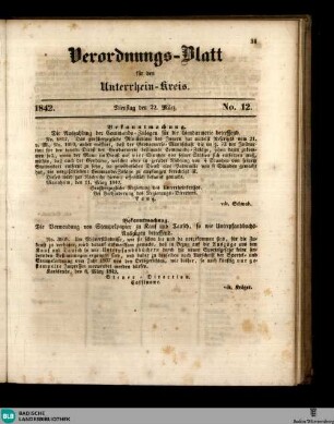 Großherzoglich Badisches Anzeige-Blatt für den Unterrhein-Kreis, Verordnungs-Blatt