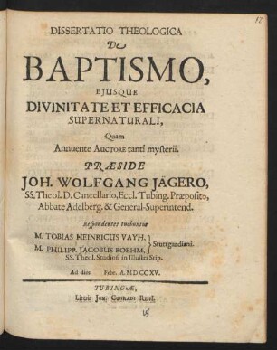 Dissertatio Theologica De Baptismo : Eiusque Divinitate Et Efficacia Supernaturali