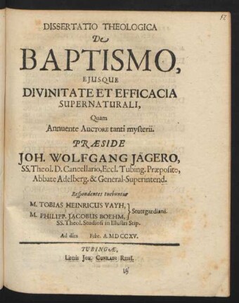 Dissertatio Theologica De Baptismo : Eiusque Divinitate Et Efficacia Supernaturali