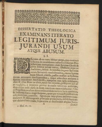 Dissertatio Theologica Examinans iterato Legitimum Jurisjurandi Usum Atque Abusum