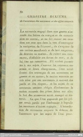Chapitre Dixiéme de l' assurance des vaisseaux et des effets ennemis