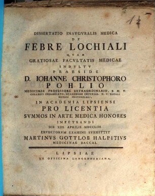 Dissertatio Inavgvralis Medica De Febre Lochiali