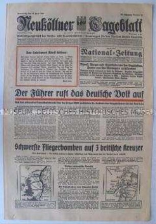 Berliner Tageszeitung "Neuköllner Tageblatt" u.a. zur Eröffnung des Kriegshilfswerkes des Roten Kreuzes durch Goebbels