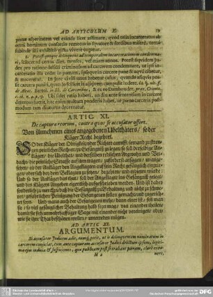 Artic. XI. De captura reorum, contra quos se accusator offert. Von Annehmen eines angegebenen Ubelthäters, so der Kläger Recht begehret