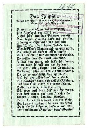 Postkarten mit Liedertexten: Das Impfen (verboten, mit Zensurvermerk 26.10.1916)