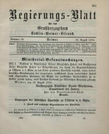 83. Ministerial-Bekanntmachung, betreffend Einrichtung einer Sparkasse in Ostheim v. d. Rhön
