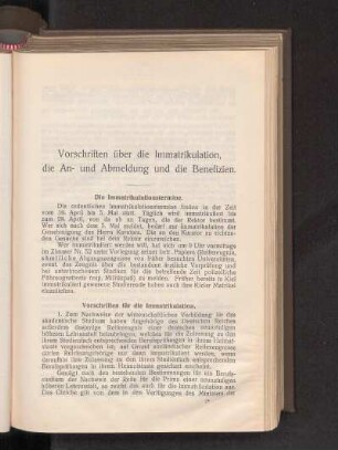 Vorschriften über die Immatrikulation, die An- und Abmeldung und die Benefizien.