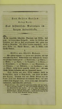 Des Ersten Cursus Erstes Buch: Das historische Materiale im kurzen Ueberblicke