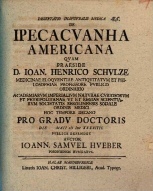 Dissertatio inavgvralis medica de ipecacvanha Americana