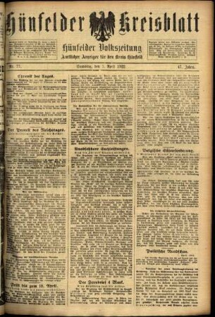 Ausgabe vom Samstag, den 01. April 1922.