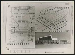 Stadthalle, Duisburg Wettbewerb: Wettbewerbstafel: Grundriss Erdgeschoss, Besucherführung, Westansicht