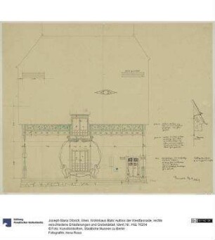 Wien, Wohnhaus Bahr, Aufriss der Westfassade, rechts verschiedene Erläuterungen und Giebeldetail
