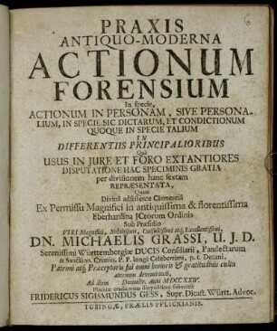 Praxis Antiquo-Moderna Actionum Forensium : In Specie Actionum In Personam, Sive Personalium, In Specie Sic Dictarum, Et Condictionum Quoque In Specie Talium In Differentiis Principalioribus : Quà Usus In Jure Et Foro Extantiores Disputatione Hac Speciminis Gratia per divisionem hanc sextam repræsentata