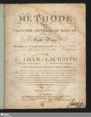 Méthode ou principe général du doigte pour le forte piano : adopté par le Conservatoire de Musique de Paris pour servir à l'Inturction des Elèves dans cet Etablisement
