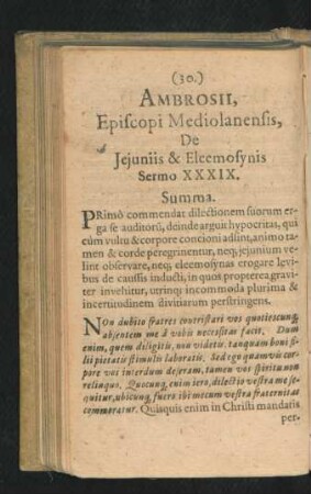 Ambrosii Episcopi Mediolanensis, De Ieiuniis & Eleemosynis Sermo XXXXIX.