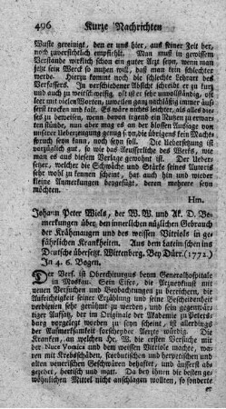 Bemerkungen über den innerlichen nüzlichen Gebrauch der Krähenaugen und des weissen Vitriols in gefährlichen Krankheiten.