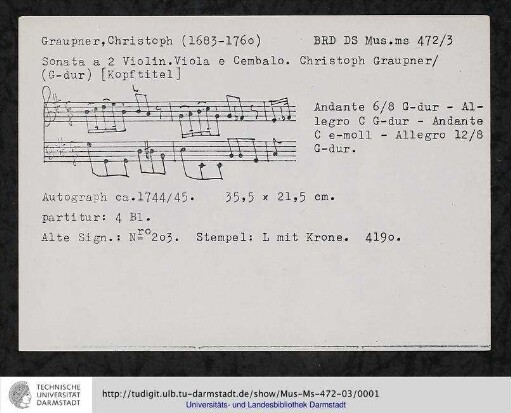 Sonata a 2 Violin. Viola e Cembalo.