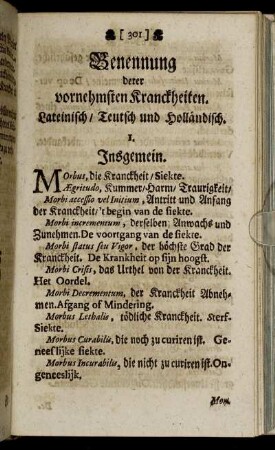 Benennung derer vornehmsten Kranckheiten. Lateinisch / Teutsch und Holländisch