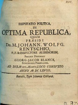 Disputatio Politica, De Optima Republica
