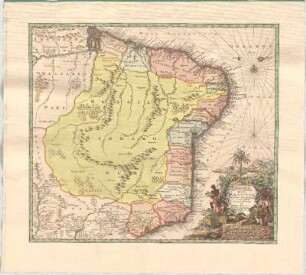 Recens elaborata Mappa Geographica Regni Brasiliæ In America Meridionali : Cum Gratia et Pr. S. R. I. Vicariatus in part. Rheni, Suev. et Iuris Francon.