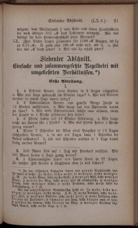 Siebenter Abschnitt: Einfache und zusammengesetzte Regeldetri mit umgekehrten Verhältnissen