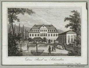 Ansicht vom Kurhaus Bad Schandau, Radierung. um 1840 : Das Bad zu Schandau / Pescheck sc. - Dresden : Otto u. Lehmann, [ca. 1840]. - 1 Kunstblatt : Radierung ; 10,8 x 7,3 cm