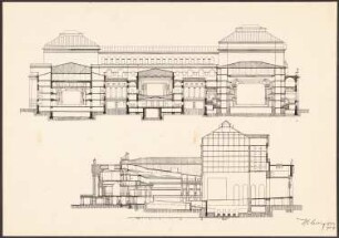 Königliche Oper (auch: Staatsoper unter den Linden, Lindenoper), Berlin Erweiterung - V. Projekt: Querschnitt, Längschnitt
