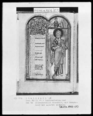 Psalterium (sogenannter Landgrafenpsalter) — Kalendar, Folio 1verso-7recto — Buchseite November mit Apostel Andreas und Monatsbild, Folio 6verso