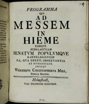 Programma Qvo Ad Messem In Hieme Eamqve Scholasticam Senatvm Popvlvmqve Gardelegiensem Ea, Qva Decet, Observantia Et Hvmanitate