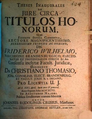 Theses Inaugurales De Iure Circa Titulos Honorum