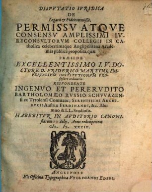 Dispvtatio Ivridica De Legatis & Fideicommißis