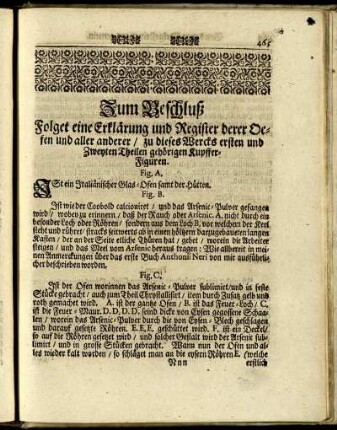 Zum Beschluß Folget eine Erklärung und Register derer Oefen und aller anderer / zu dieses Wercks ersten und Zweyten Theilen gehörigen Kupffer-Figuren.
