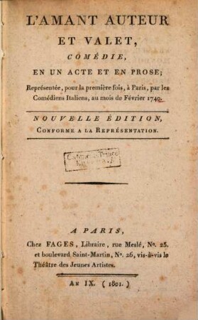 L' amant auteur et valet : comédie en un acte et en prose